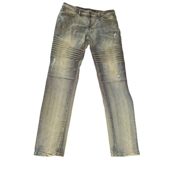 Southpole Skinny Moto Jeans Stretch Mens 34x32 Acid Wash Distressed Stacked Blue - Picture 1 of 6